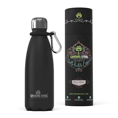 Imagen de Greens Steel Botella de Agua en Acero Inoxidable 350 ml, Negro I Aislado al Vacío Doble Pared Mosquetón y Caja Regalo Incluidos Reutilizable, a Prueba Fugas para Adultos Niños