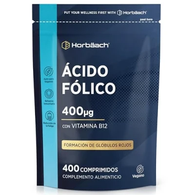 Imagen de Ácido Fólico Embarazo 400µg con Vitamina B12 13 Meses de Suministro 400 Comprimidos Veganos B9 Para el tejido materno y sistema inmunitario Horbaach