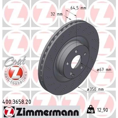 Imagen de ZIMMERMANN COAT Z 400.3658.20 Disco de freno 350 32 6/5 5 112 ventilación interna, perforado revestido MERCEDES BENZ: SL Cabrio, Clase E Berlina