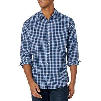 Imagen de Amazon Essentials Camisa Informal de Popelina con Manga Larga y Corte Recto Hombre, Azul Cuadros Escoceses, M