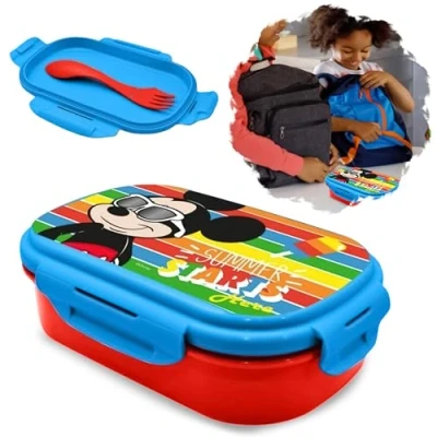 Imagen de SRV Hub Fiambrera rectangular de Mickey Mouse,sin BPA,caja sándwich plástico 20cm que contiene tenedores y cubiertos (cuchara 3en1, tenedor, cuchillo), adecuada para niños a partir 3 años