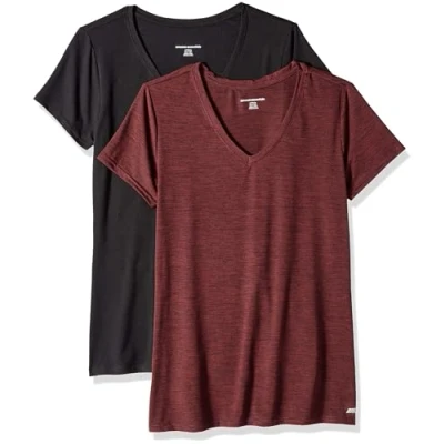Imagen de Amazon Essentials Camiseta técnica elástica de Manga Corta y Cuello en Pico (Disponible Tallas Grandes) Mujer, Pack 2, Burdeos Teñido Multicolor/Negro, M