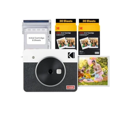 Imagen de KODAK Mini Shot 3 Retro 4PASS 2 en 1 Cámara Instantánea e Impresora de Fotos (7,6x7,6cm) + Pack con 68 Hojas, Blanco