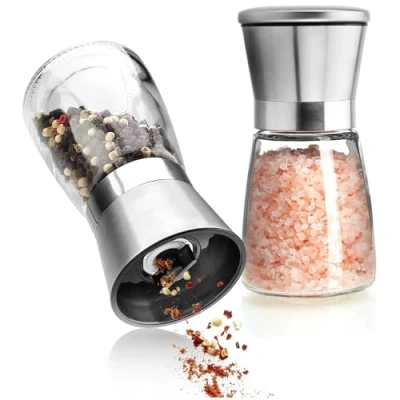Imagen de COM FOUR® Juego de Molinillo Sal y Pimienta 2 piezas Vidrio Acero Inoxidable con cerámica Accesorios Cocina Elegantes Especias (02 tapa)