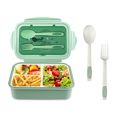 Imagen de Newpop Fiambrera con 3 Compartimentos y Cuchara Tenedor 1400ml, lunch box Sin BPA Hermetica fugas, bento para Microondas Lavavajillas, loncheras Adultos Niños Escuela Trabajo, verde