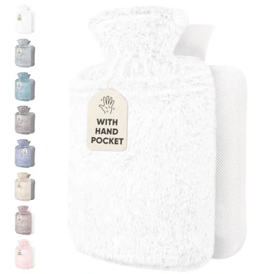 Imagen de Qomfor Bolsa de Agua Caliente 1,8L Botella con Funda Felpa Premium Suave para el alivio del dolor y noches acogedoras (Blanco)