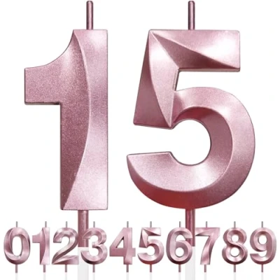 Imagen de 15th Vela de Cumpleaños con Purpurina oro rosa y Diseño 3D Número 15, Velas Números, Decoración Tarta, Tarta para Fiesta Cumpleaños, Aniversario Boda,