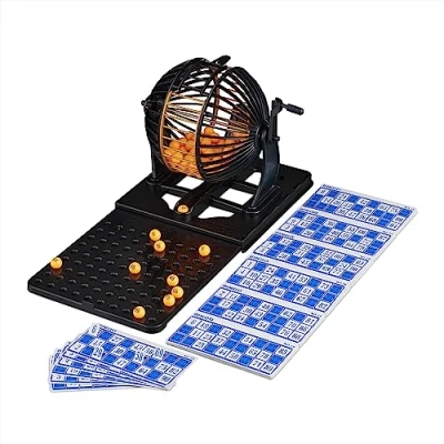 Imagen de Relaxdays Spiel Set für Kinder &amp; Erwachsene Juego de Bingo Completo, con Bombo, 90 Bolas, 72 Cartones y Tablero Extensible, para Niños Adultos, Negro, 20 x 21 38 cm