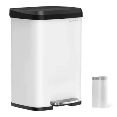 Imagen de SONGMICS Cubo de Basura Cocina, 50 L, Metal con Pedal y Tapa, Alto Grande, Blanco Negro LTB530W5002