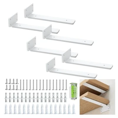 Imagen de Escuadra de estantería 20 cm (0,4 cm) grosor, 6 unidades flotantes, soportes ocultos para estanterías industriales rústicas, con moderno acabado hierro, color blanco