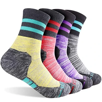 Imagen de FEIDEER calcetines de senderismo para mujer, paquete múltiple, recreación al aire libre, acolchados que absorben la humedad, Gris oscuro/morado/rojo claro/amarillo claro, M