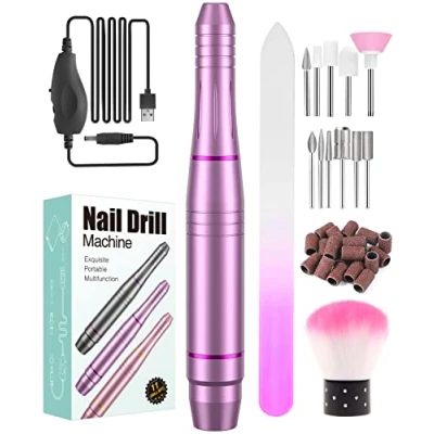 Imagen de BICKON Torno para Uñas, 6 en 1 Lima Electrica Uñas Profesional 20000 RPM Velocidad Ajustable USB, Protable Kit de Manicura y Pedicura Eléctrica bajo ruido Salón DIY Mujeres Niñas Principiante