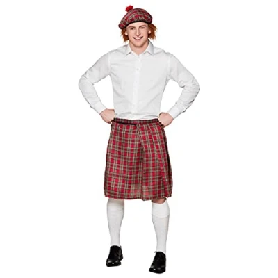 Imagen de Boland Conjunto escocés para hombre, cuadros escoceses, falda escocesa y barret, minifalda, gorro, mujer escocesa, señora, Escocia, día de San Patricio, disfraz, carnaval, fiesta disfraces