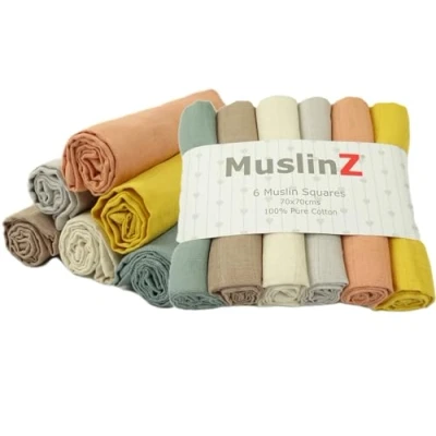 Imagen de MuslinZ Paquete de 6 paños muselina para bebé, cuadrados grandes, eructos, pañales reutilizables, 70 x cm, 100 % algodón puro, absorbentes y transpirables, multiusos