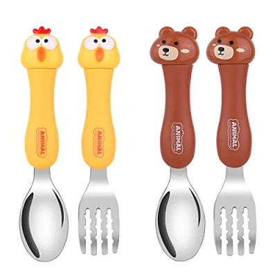 Imagen de Vicloon 4pcs Tenedor y Cuchara de Acero Inoxidable para Niños, Cubiertos Infantilescon Caja Antipolvo,Utensilios Niños Pequeños Bebe Aprendizaje