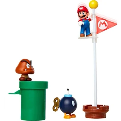 Imagen de Nintendo Super Mario Diorama Dehesa Bellotera con 3 Figuras 6 cm y 2 Accesorios Accionables la Bandera Tubería son Juguete para Niños años +