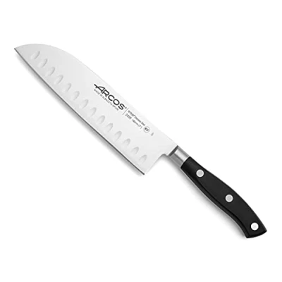 Imagen de Arcos Cuchillo Santoku Acero Inoxidable. cocina profesional japonés cortar carne, pescado y verduras. Mango ergonómico polioximetileno Hoja 180 mm. Serie Riviera. Color negro.