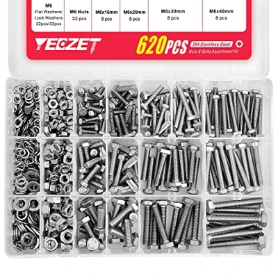 Imagen de Yeezet Juego de 620 tornillos y tuercas resistentes M4, M5 M6 acero inoxidable 304, incluye 13 tamaños más comunes
