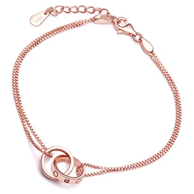 Imagen de Yumilok pulsera de oro rosa con 2 anillos engarzados plata ley 925 charm circonita pulsera, cadena doble, cadenas para mujer