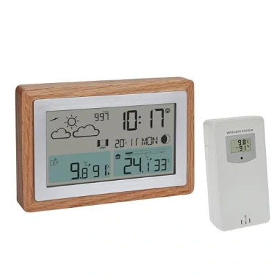 Imagen de TFA Dostmann Oak 35.1167.54 Estación meteorológica inalámbrica con sensor exterior y marco de madera, temperatura interior exterior, ventilación recomendada, intensidad variable, reloj despertador