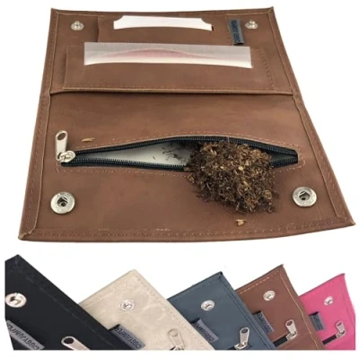 Imagen de Bolsa de Tabaco Ciggy Jumper en Estilo Cuero Premium Usado con Compartimento folleto Simple, Doble o Largo, giratoria Filtro (Largo Cognac)