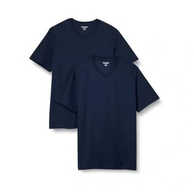 Imagen de Amazon Essentials Camiseta de manga corta, cuello pico, corte recto (disponible en tallas grandes y largos especiales) Hombre, Pack 2, Azul Marino, XXL