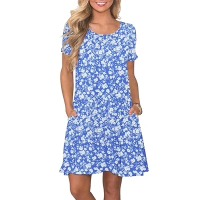 Imagen de AUSELILY Vestidos Verano Mujer Vestido T Shirt Casual Manga Corta con Bolsillos Floral Azul Blanco XL