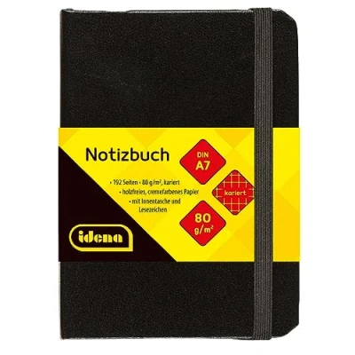 Imagen de Idena 209283 Cuaderno DIN A7, cuadriculado, papel crema, 192 páginas, 80 g/m², tapa dura en negro, 1 ud.