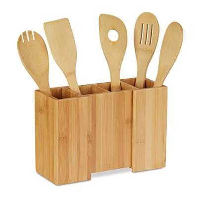 Imagen de Relaxdays 10028817 Juego de Utensilios Cocina, Bambú, Cinco cucharas, Extensible, 17 x 25 10 cm, 1 Set, Marrón