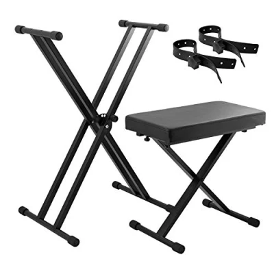 Imagen de Tiger soporte de teclado KAP PK2 con correas sujeción y paquete taburete, marco en X doble refuerzo ajustable altura taburete piano