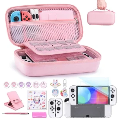 Imagen de Paquete de Accesorios NS Switch OLED Funda 18 en 1 Carcasa Switch, Juegos Protector Pantalla OLED, Soporte Grips Mando Switch,Rosado