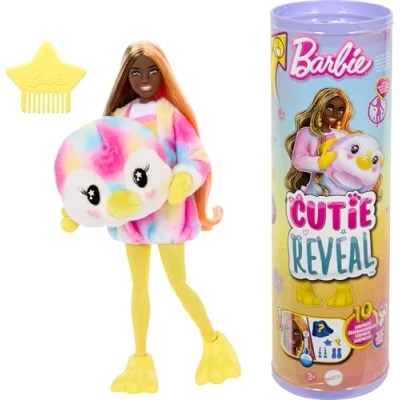 Imagen de Barbie Cutie Reveal Muñeca Morena con Disfraz de pingüino, Peine, Mascota y Accesorios Sorpresa Moda, Serie Sueños Colores, Juguete +3 años (HRK40)