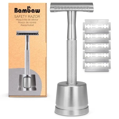 Imagen de Bambaw Maquinilla de Afeitar Clasica con 5 cuchillas Afeitar, Máquina Soporte para Afeitadora, Compatible Todas las Hojas Single Blade Safety Razor Plata