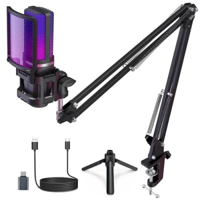 Imagen de ZealSound gaming micrófonos USB, micrófono condensador RGB, PC, soporte con brazo, cardioide, silencio, YouTube/Zoom, transmisión en vivo, línea, Android/Windows/macOS/para PS 4&amp;5