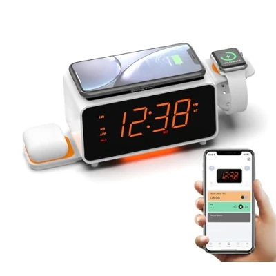 Imagen de Radio Despertador de Doble Carga Inalámbrica con Altavoz Bluetooth, FM Radio, Dos Puertos USB, Alarma, Snooze, Control del Dimmer iTOMA CKS209