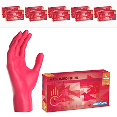 Imagen de ARNOMED guantes nitrilo talla L, rojo, de nitrilo, 1000 unidades (10 cajas), desechables sin polvo, goma látex, en tallas XS, S, M, L y XL