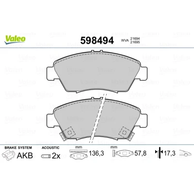Imagen de VALEO 598494 Juego de pastillas freno Eje delantero con contacto avisador desgaste sin chapa antichirridos HONDA: CIVIC 6 Hatchback