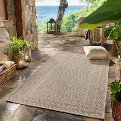 Imagen de SIMPEX Alfombra de Exterior Beige 80x250 cm, para la Cocina, el balcón, terraza, Diseño Color sólido con Borde