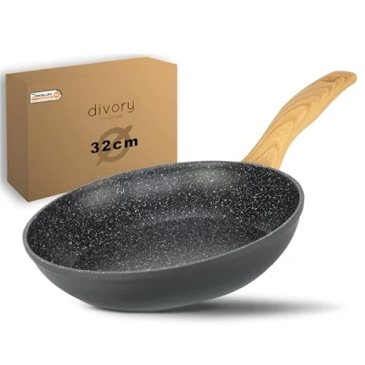 Imagen de DIVORY Sartén 32cm Inducción universal grande con revestimiento antiadherente para todo tipo de cocinas Asas seguras, apta lavavajillas (32cm, Aspecto madera clara)