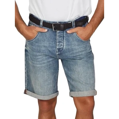 Imagen de DENIMFY Pantalones cortos vaqueros para hombre con cinturón, elásticos, cortos, corte regular, bermudas, verano, vaquero, monocolor, azul, negro, 31, 32, 33, 34, 36, 38, 40, 42, Medium Blue