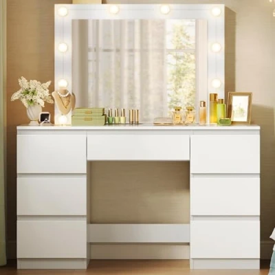 Imagen de WOLTU Tocador de Maquillaje con Espejo Luz LED, Iluminación Regulable, Mesa 7 Cajones, Dormitorio Espacio Almacenamiento, 110x39,5x140,5 cm, Blanco, MB6099ws