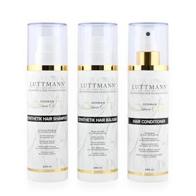 Imagen de LUTTMANN® Juego de cuidado pelo sintético para pelucas, champú, bálsamo y acondicionador natural el cabello 200 ml, limpieza suave sintético,