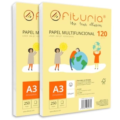 Imagen de Paquete de folios A3 120gr con 500 Hojas Blancas, Papel Multifuncional para Uso Escolar y Entornos Laborales. Ideal impresoras láser, inyección o fotocopiadoras Ofituria