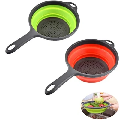 Imagen de Paquete de 2 coladores plegables silicona para cocina, con asas, colador plegable que ahorra espacio escurrir pasta, verduras (verde y rojo)