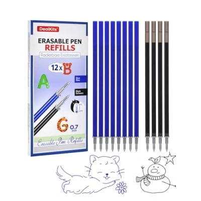 Imagen de DealKits 12 recambios borrables compatibles con Legami, 0,7 mm, tinta borrable para bolígrafos sensible al calor, 2 colores (8 azul, 4 negros)