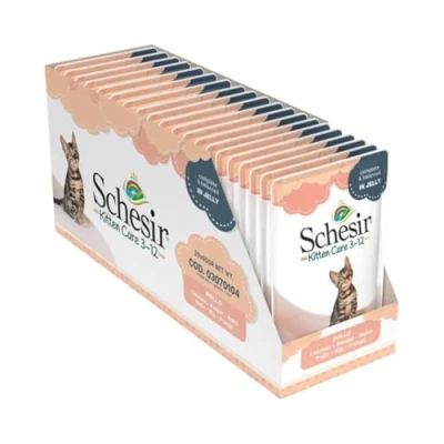 Imagen de Schesir Filete de pollo Cat Jelly Kitten, alimento húmedo para gatitos en gelatina, 20 bolsas x 85 g