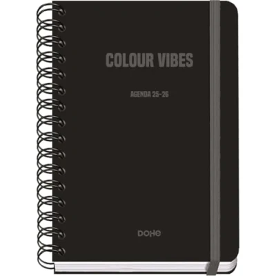 Imagen de Dohe Agenda Escolar 2025 2026 Semana Vista, Tamaño A5 (15x21 cm), Español e Inglés, Cierre de Espiral Doble y Goma, Tapa Dura, 4 Páginas Pegatinas COLOUR VIBES Negro