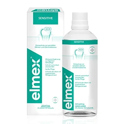 Imagen de elmex Enjuague bucal Sensitive 400 ml para una protección adicional contra los dientes sensibles al dolor y la caries del cuello limpieza diaria sin alcohol con sabor a