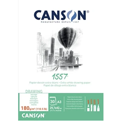 Imagen de Canson 1557, Papel de dibujo Blanco, Grando ligero, 180g, Encolados por el lado corto, A3 29,7x42cm, Extra 30 Hojas