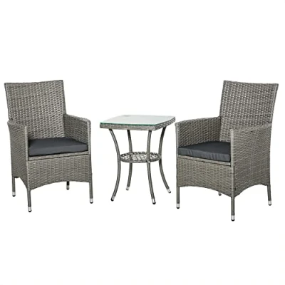 Imagen de Outsunny Conjunto de Muebles Ratán para Jardín Formado por 1 Mesa y 2 Sillones con Cojines Estructura Metal Gris